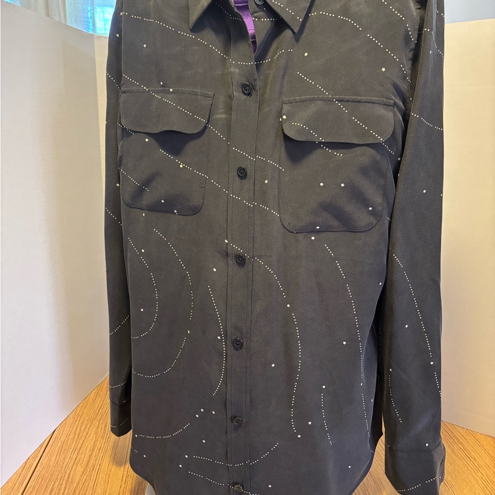 Equipment Black Button Down Shirt with White Dotted Lines
